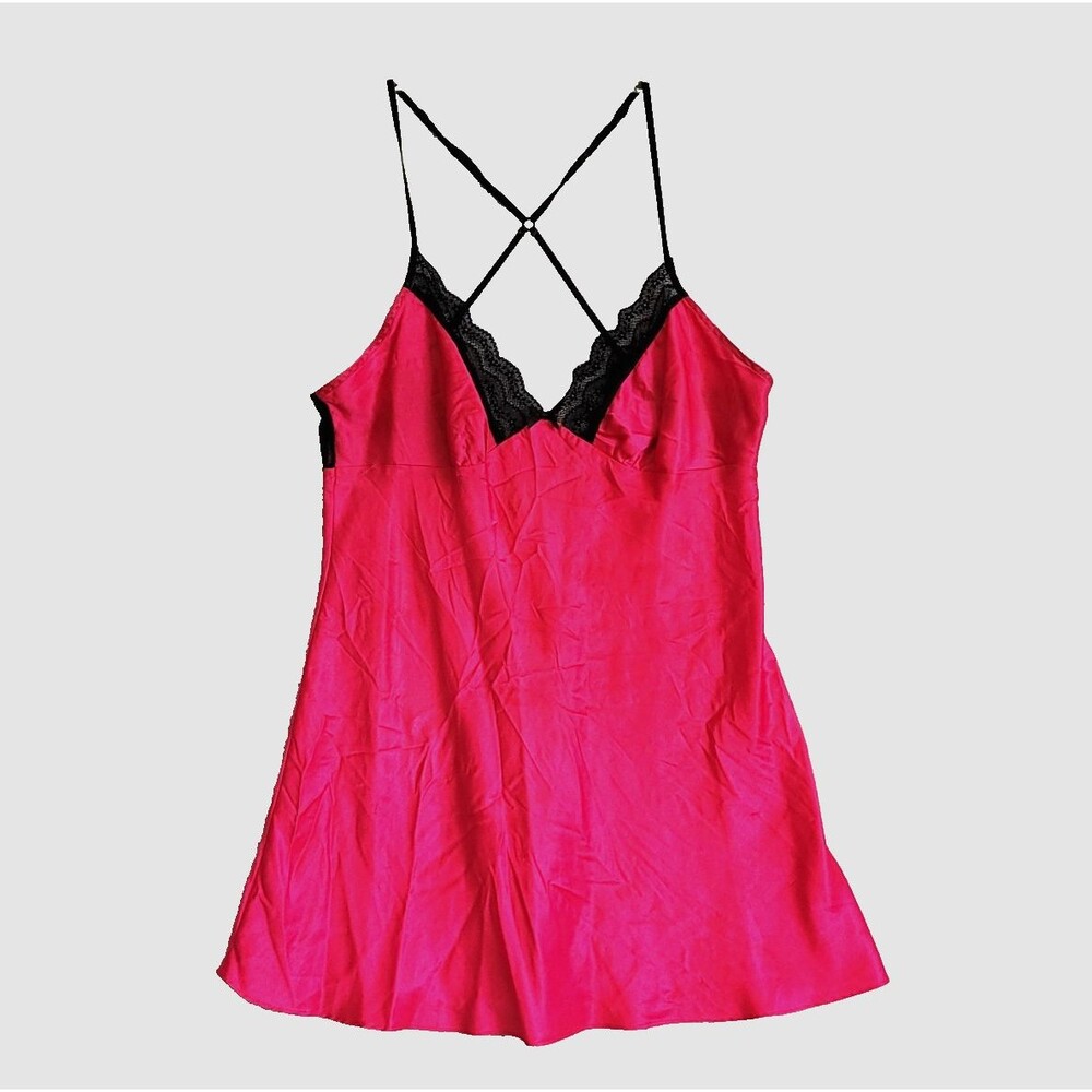 APT. 9 Intimates Womens Satin Babydoll Nightgown XL Pink Black Lace Trim Nighty